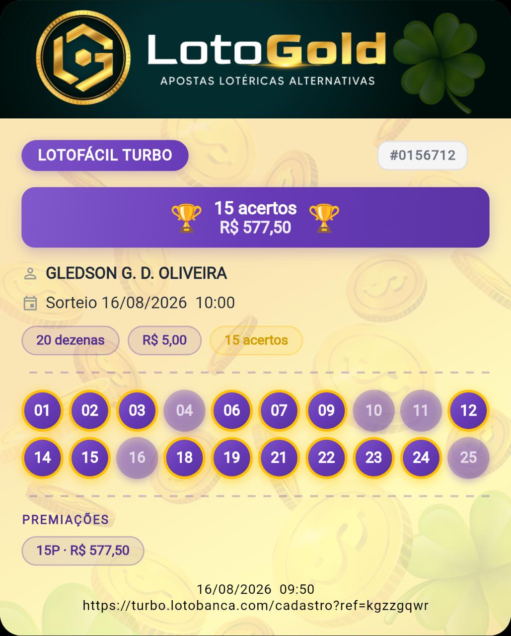 Comprovante de premiação Lotofácil Turbo #0156712