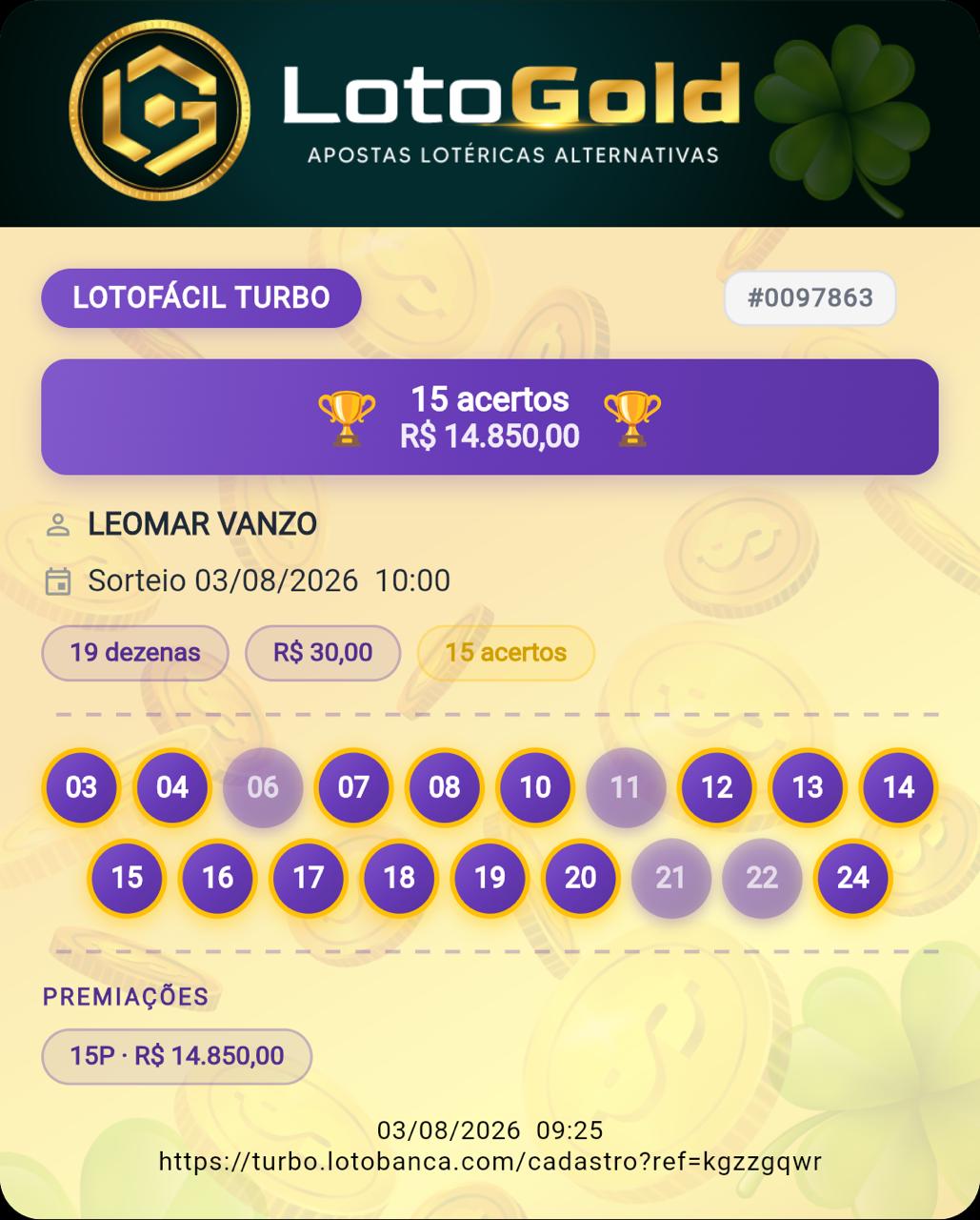 Comprovante de premiação Lotofácil Turbo #0097863